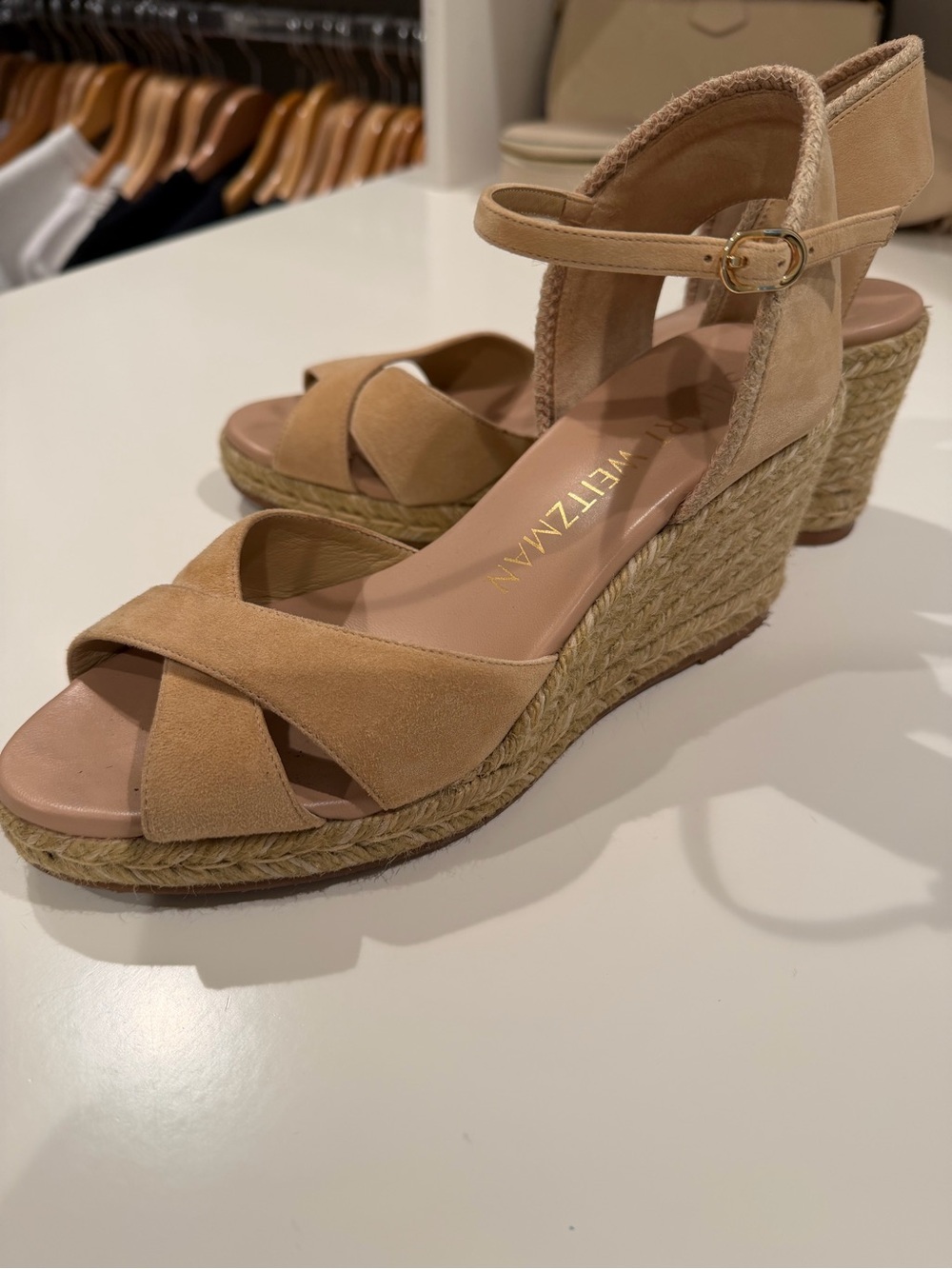 Stuart Weitzman Tan Suede Espadrille Wedge Sandals